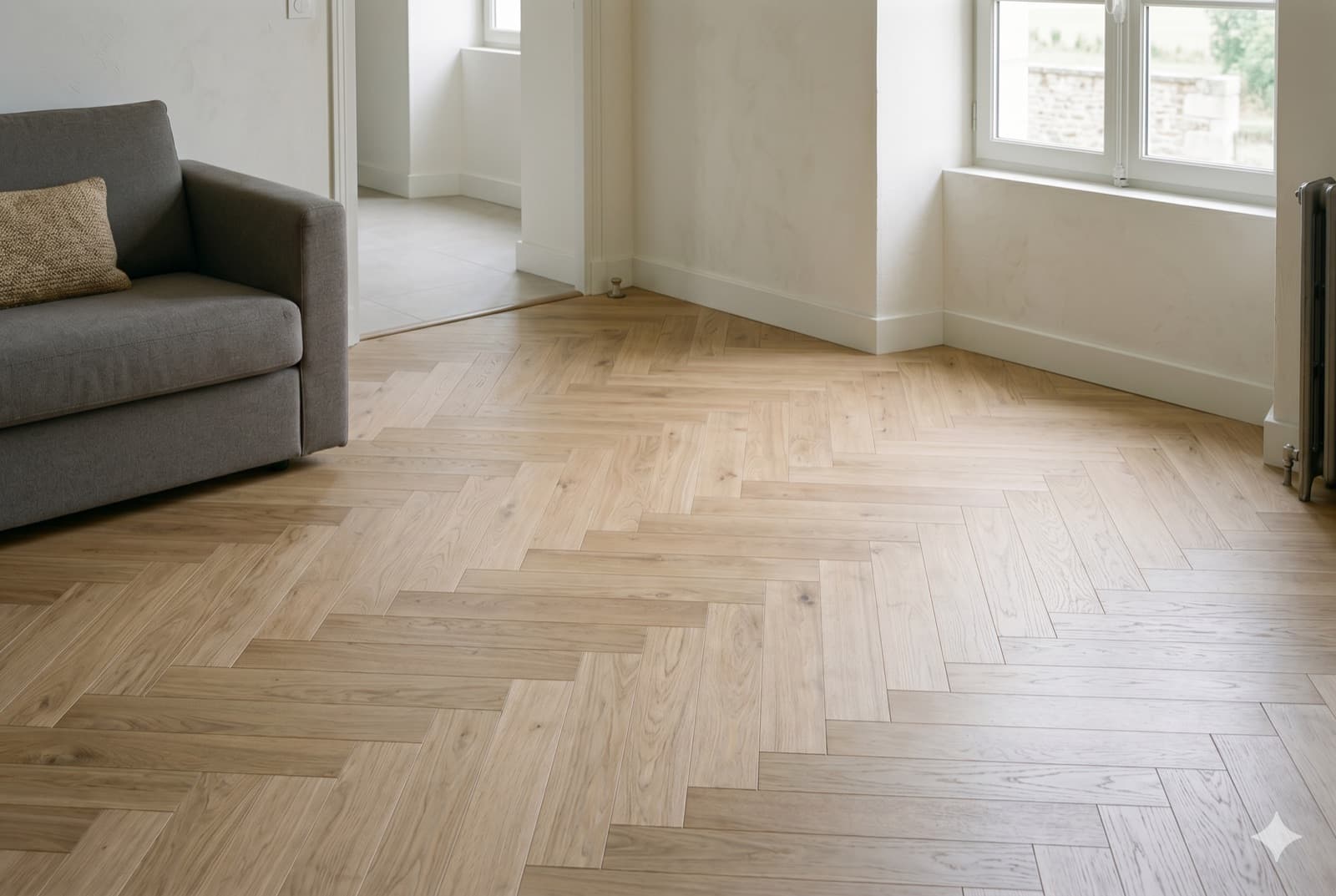 Ambiance : sol en parquet posé en point de Hongrie — illustration