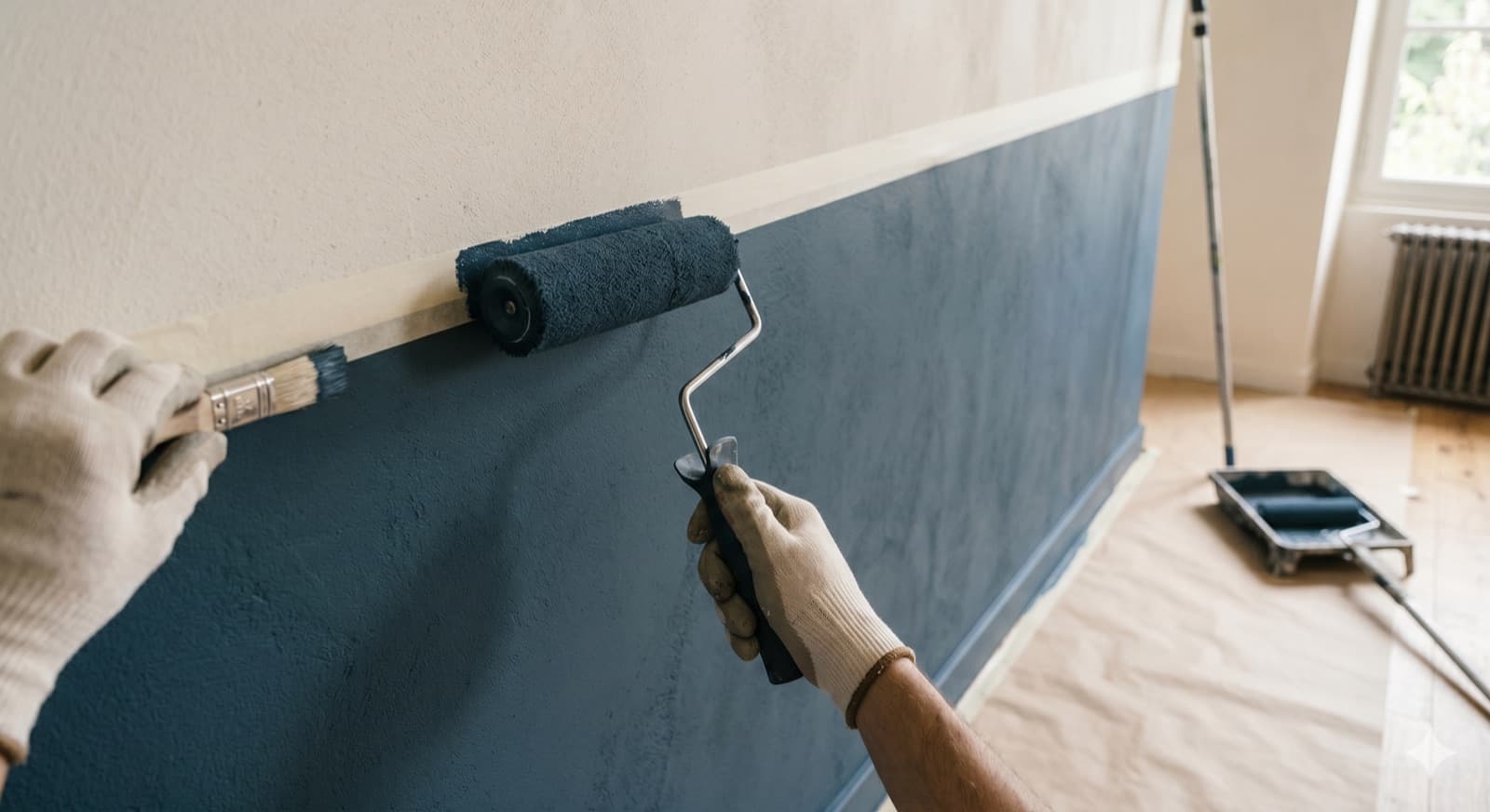 Ambiance : mise en peinture d'un mur au rouleau — illustration